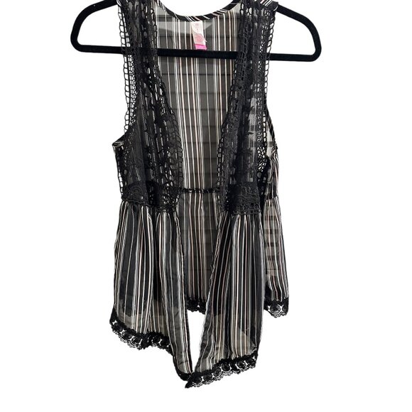 🍒 2/$20 🍒 Juniors Medium Sheer Black, White Pink Striped Vest with Lace Accent - Picture 1 of 7